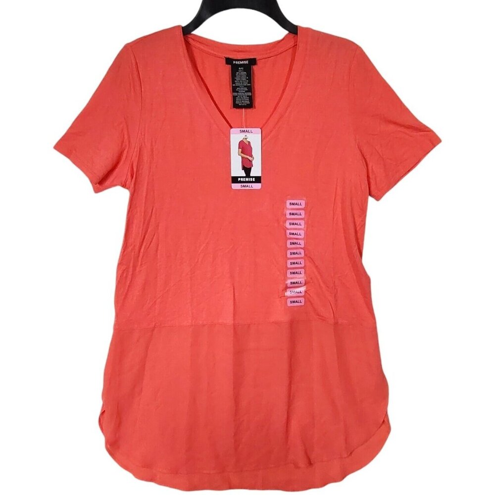 Premise Womens Coral V-neck Short Sleeve Tunic Shirt Size Small NWT $58